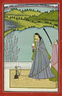 Indian Miniature Collection: A lady on a terrace with hookah and falcon, 20th century. Creator: Unknown
