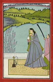 Huqqa Pipe Collection: A lady on a terrace with hookah and falcon, 20th century. Creator: Unknown