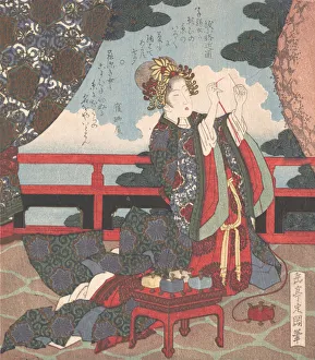 Cotton Reel Prints: Lady Threading Needle on Verandah, 19th century. Creator: Gakutei