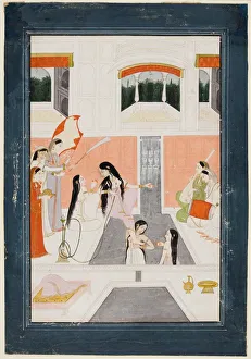Color On Paper Prints: A lady at her toilette listens to music by the side of a palace water cascade, c. 1780