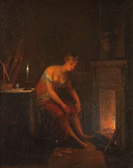 Tying Prints: Lady Tying her Garter, 1810. Creator: Alexander Lauréus