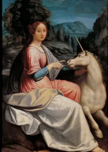 Longhi Prints: Lady and the Unicorn, 1534-1540. Creator: Longhi, Luca (1507-1580)