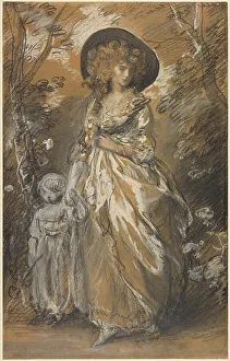 Strolling Prints: A Lady Walking in a Garden with a Child, about 1785. Creator: Thomas Gainsborough