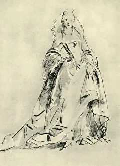 Tiepoli Prints: A lady wearing a gown with high collar and pointed bodice, early 18th century, (1943)