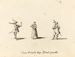 Wine Bottle Prints: Lady with Wine Bottle, and Two Gentlemen, probably 1634. Creator: Jacques Callot