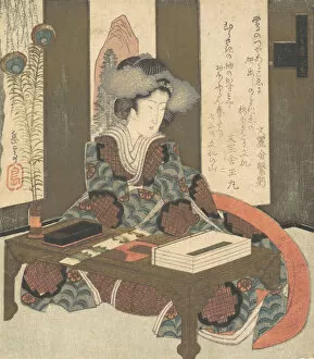 Calligraphy Set Gallery: A Lady About to Write a Poem, ca. 1820. Creator: Gakutei