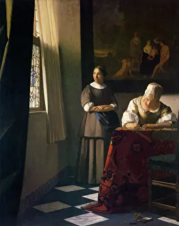 Maidservant Prints: Lady Writing a Letter with her Maid. Artist: Vermeer, Jan (Johannes) (1632-1675)