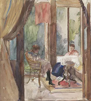 Governess Prints: Lady and a young girl, both reading in the conservatory of the house at Riouwstraat 6
