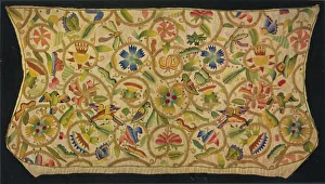 Edward F Prints: A Ladys Cap Embroidered in Silk and Gold on Linen