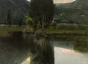 Calm Collection: Lake with cypresses and houses, 1923. Creator: Wolf Ferrari, Teodoro (1878-1945)