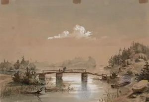 Gustaf Werner Holmberg Prints: Lake Landscape, Man Angling on a Bridge, 1848-1860. Creator: Werner Holmberg