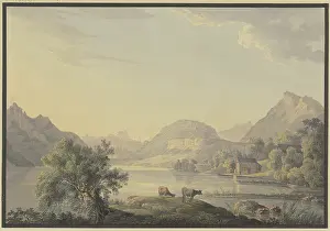 Farm Animal Prints: Lake in the mountains, in the foreground by a willow tree two cows
