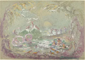 Swans Prints: Lake Scene with Fairies and Swans. Creator: Robert Caney