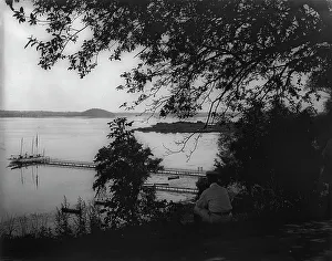 Transparency Prints: Lakefront with steam yachts at pier, Saratoga Lake, Saratoga, N.Y. c1901. Creator: Unknown