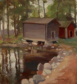 Finland Europe Prints: Lakeside Sheds, Viitasaari, 1929. Creator: Vilho Sjöström