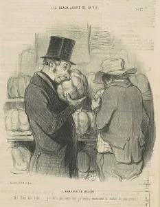 Sniffing Prints: L'amateur de melons, 19th century. Creator: Honore Daumier