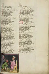 Mercy Prints: The Lame Mephibosheth before David; Weltchronik, about 1400-1410. Creator: Unknown