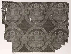 Forgery Prints: Lampas fragment with seated prince holding falcons in kufic medallions, 1654-1955