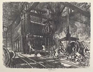 Munitions Factory Gallery: In the Land of Brobdingnag, the Armour Plate Bending Press, 1917. Creator: Joseph Pennell