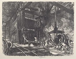 Munitions Industry Gallery: In the Land of Brobdingnag, the Armour Plate Bending Press, 1917. Creator: Joseph Pennell
