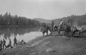 Russian Federation Prints: The Land-Management Expedition Boats and Horses on the Mrassu River Shore