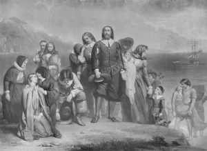 Plymouth Prints: The Landing of the Pilgrim Fathers, c1848, (1911). Artist: Charles Lucy