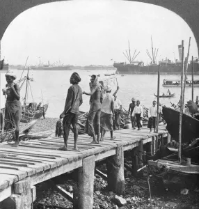 Landing Stage Prints: Landing stage on the Irawaddy River, Rangoon, Burma, 1908. Artist: Stereo Travel Co