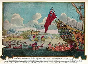 Stevens Prints: The landing of troops from New England on the island of Cape Breton to attack Louisbourg