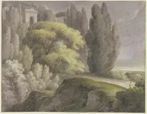 Franz Prints: Landscape with ancient buildings among tall trees, 18th century. Creator: Franz Kobell