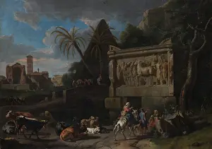 Palm Trees Prints: Landscape with Ancient Ruins, a Resting Flock in the Front