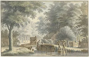Landscape with an angler on a bridge, 1763. Creator: Gerard van Rossum