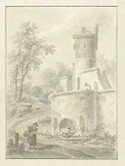 Barbiers Pieter Prints: Landscape with an angler and a woman near a fortress tower, 1838. Creator: Pieter Barbiers