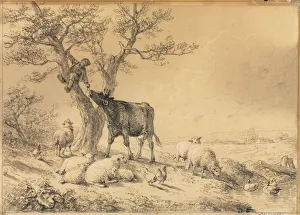 Framing Lines In Black Chalk Prints: Landscape with Animals and Boy in Tree