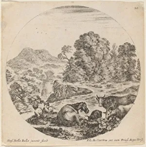 Cowherds Prints: Landscape with Animals and Two Seated Shepherds, 1646. Creator: Stefano della Bella