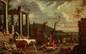 Michiel Prints: Landscape with Animals and Temple Ruins, 1st half of 18th century. Creator: Michiel Carree