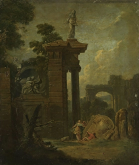 Sculptures Prints: Landscape with Architecture and a Waterfall, 18th century. Creator: Carl Wilhelm Bohme