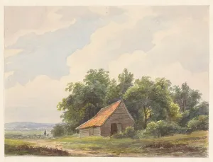 Andreas Schelfout Prints: Landscape with barn and in the distance a shepherd with sheep