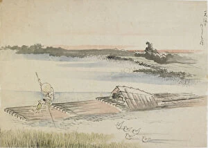 Boatman Gallery: Landscape: boatman poling his raft, late 18th-early 19th century. Creator: Hokusai
