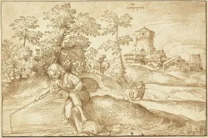 Leadpoint Prints: Landscape with a Boy Fishing, c. 1516. Creator: Domenico Campagnola