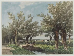 Dike Prints: Landscape with two boys fishing in a canal, 1834-1892. Creator: Jan Hendrik Weissenbruch