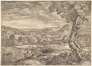 Landscape with a brick factory in the middle ground, a standing man in the foreground p