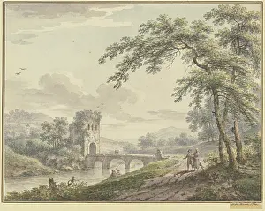 Johann Heinrich Prints: Landscape with a bridge and tower; to the right