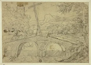 Laid Card Prints: Landscape with Bridge (with Cross) over Gorge
