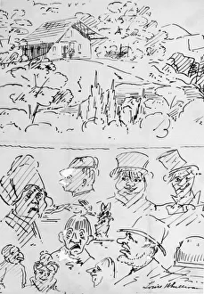 Architecture And Design Prints: Landscape with Building (top) and Caricature Head Studies (bottom), 1874