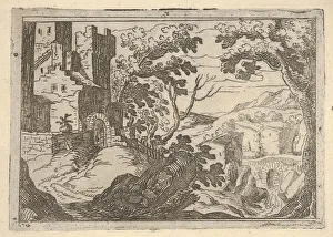 Cantagallina Remigio Prints: Landscape with buildings to the left and a bridge at right below, ca. 1620-50