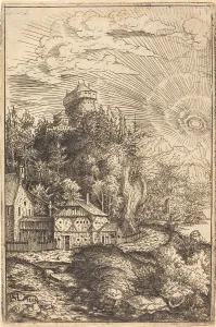 Lautensack Hanns Prints: Landscape with a Castle and Radiating Sun, 1553. Creator: Hans Sebald Lautensack