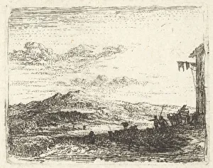 Landscape with corner of building and awning at far right, two figures and a horse Landscape with corner of building and awning at far right, two figures and a horse