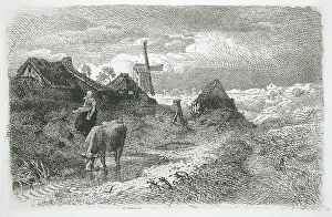 Achenbach Andreas Prints: Landscape with Cottages and Windmill, 1862. Creator: Andreas Achenbach