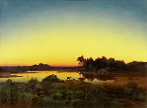 Copyspace Prints: Landscape with Deer at Sunset, 1847. Creator: Anton Zwengauer