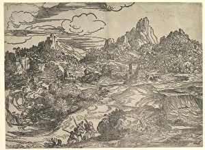 Campagnola Gallery: Landscape with family walking together in the foreground, at left two figures with